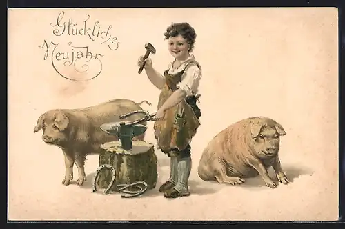 Lithographie Glückliches Neujahr, kleiner Schmied und Schweine