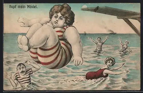 AK Übergewichtige Frau im Badeanzug springt ins Wasser