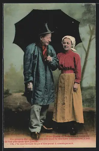 AK Paar in Tracht mit Regenschirm, Pays de la Loire