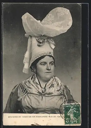 AK Französische Tracht, Coutances, Französin mit Trachtenhaube