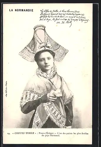 AK Pont-l`Évêque, Junge Frau aus der Normandie in volkstypischer Tracht