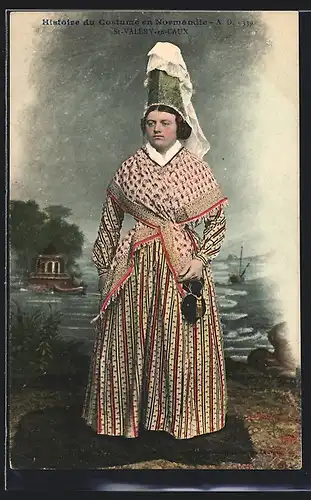 AK St-Valéry-en-Caux /Normandie, Frau in Tracht mit Haube