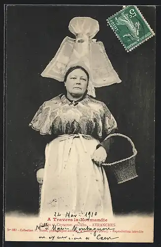 AK Avranches /Normandie, Frau in Tracht mit Haube