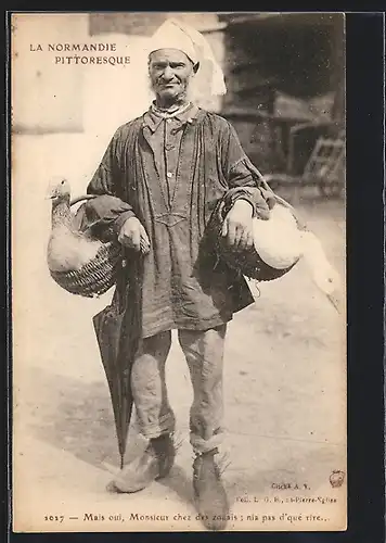 AK Normandie, Älterer Bauer mit Gänsen