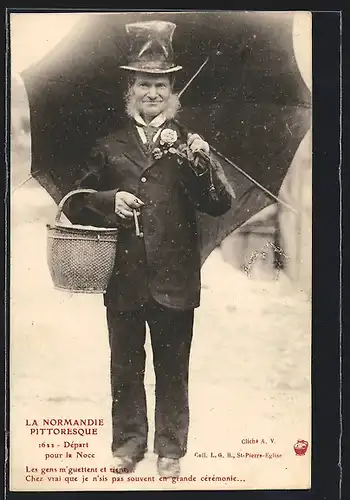 AK Normandie, Älterer Mann mit Korb und Schirm