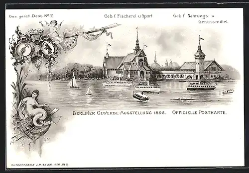 Lithographie Berlin, Berliner Gewerbe-Ausstellung 1896, Geb. f. Fischerei u. Sport & Geb. f. Nahrungs- u. Genussmittel