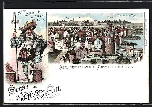 Lithographie Berlin, Berliner Gewerbe-Ausstellung 1896, Spandauer Tor, Wächter mit Wappen