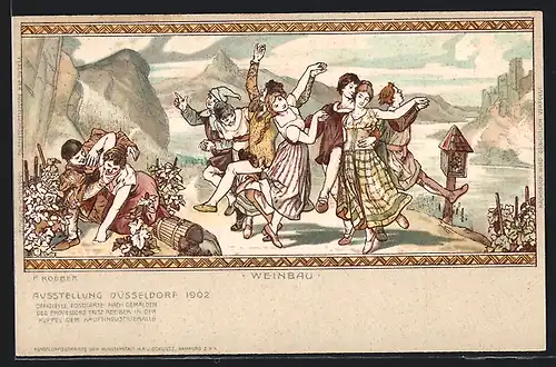 Lithographie Düsseldorf, Industrie- & Gewerbe-Ausstellung 1902, Tanzende Menschen beim Weinbau