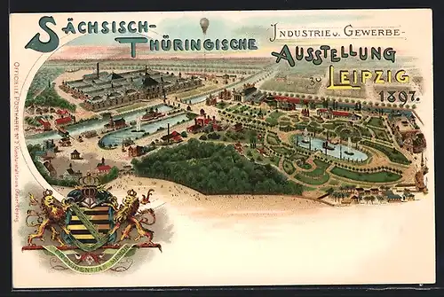 Lithographie Leipzig, Sächsisch-Thüringische Industrie- u. Gewerbe-Ausstellung 1897, Gelände aus der Vogelschau