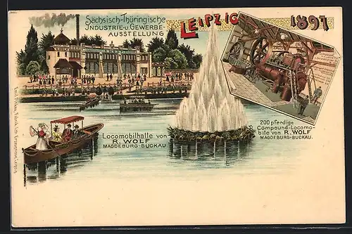 Lithographie Leipzig, Sächs.-Thür. Industrie- u. Gewerbe-Ausstellung 1897, Locomobilhalle von R. Wolf