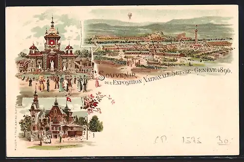 Lithographie Geneve, Exposition Nationale Suisse 1896, Ausstellungsgelände mit Pavillons