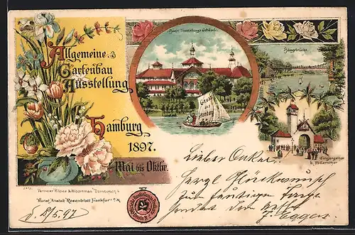 Lithographie Hamburg, Allgemeine Gartenbau Ausstellung 1897 Hängebrücke, Haupt-Ausstellungsgebäude