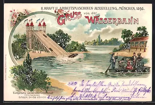 Lithographie München, II. Kraft- und Arbeitsmaschinen-Ausstellung 1898, Wasserbahn, Europäische Wasserbahn-Gesellschaft