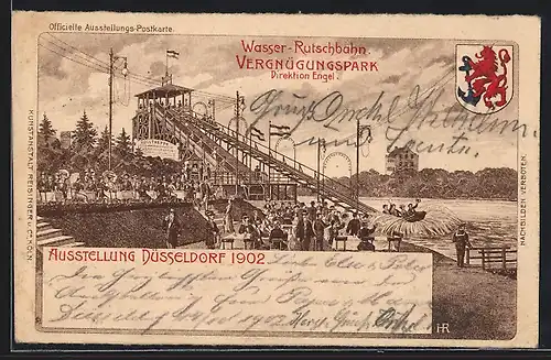 Lithographie Düsseldorf, Industrie-Gewerbe-Ausstellung 1902, Wasser-Rutschbahn im Vergnügungspark