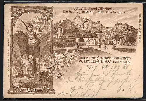 Lithographie Düsseldorf, Industrie u. Gewerbe-Ausstellung 1902, Suldenthal u. Zillerthal, Mann in Nationaltracht