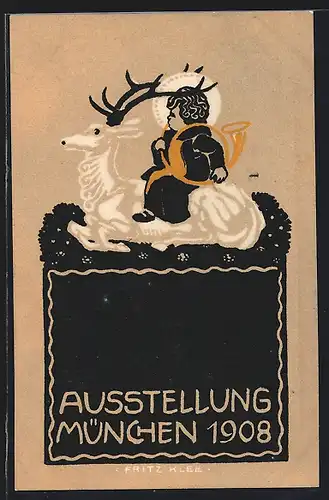 Künstler-AK München, Ausstellung 1908, Münchner Kindl sitzt auf einem Hirsch