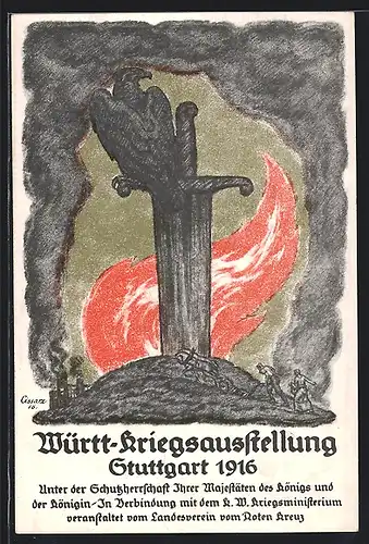 Künstler-AK Stuttgart, Württ-Kriegsausstellung 1916, Adler auf Schwert vor einer Flame