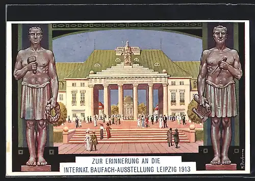 AK Leipzig, Internationale Baufach-Ausstellung 1913, Ausstellungseingang mit Besucher, Denkmal