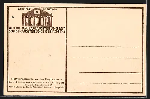 AK Leipzig, Internationale Baufachausstellung 1913, Sprigbrunnen und Hauptrestaurant