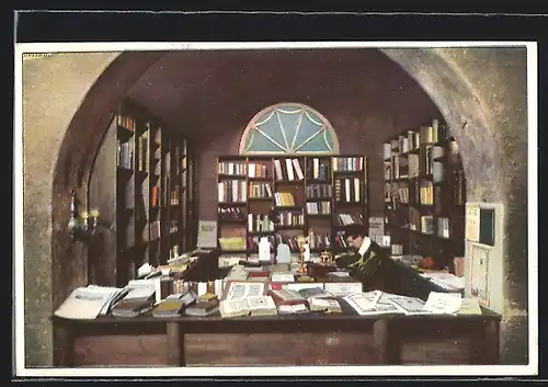 AK Leipzig, Weltausstellung für Buchgewerbe und Graphik 1914, Haynsburger Mühle, alter Buchladen