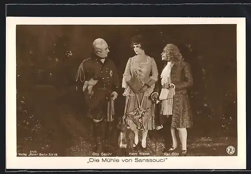 AK Schauspielerin Hanni Weisse mit Otto Gebühr und Karl Götz in einer Filmszene aus Die Mühle von Sanssouci