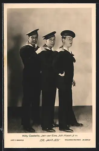 AK Schauspieler Willy Castello, Schauspieler Jan van Ees und Schauspieler Joh. Kaart Jr. in De Jant Jes