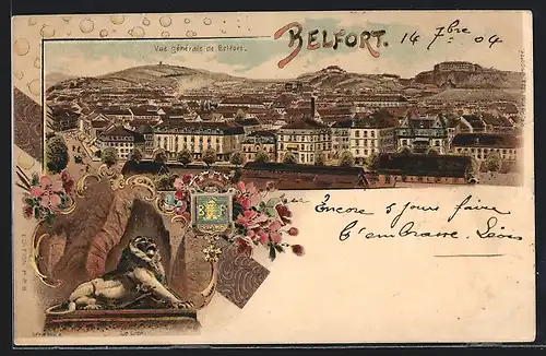 Lithographie Belfort, Panorama, Löwenstatue