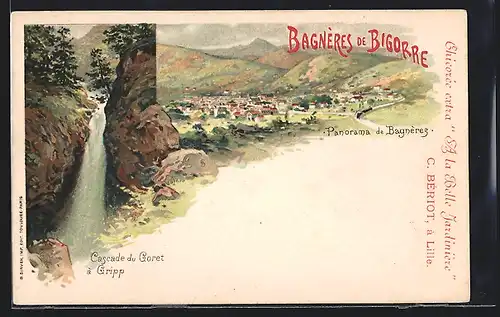 Lithographie Bagneres-de-Bigorre, Cascade du Goret a Gripp, Panorama