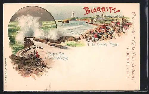 Lithographie Biarritz, la Grande Plage, Coupe de Mer au Rocher de la Vierge