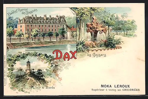 Lithographie Dax, Etablissement Thermal des Baignots, Tour de Borda, les Geysers