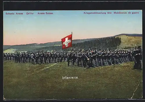AK Schweizer Soldaten der Infanterie mit Fahne, Kriegsmobilmachung 1914