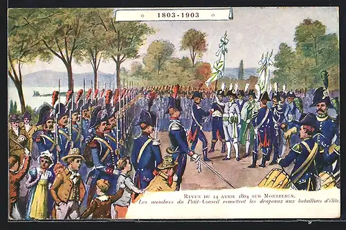 AK Montbenon, Revue du 14. Avril 1804, Les membres du Petit-Conseil remettent les drapeaux aux bataillons d`elite