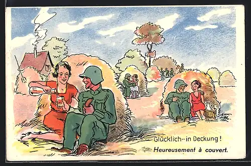 AK Schweizer Soldaten mit Frauen hinter Heuballen