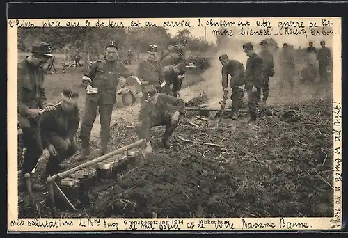 AK Schweizer Soldaten in Uniform beim Abkochen, Grenzbesetzung 1914