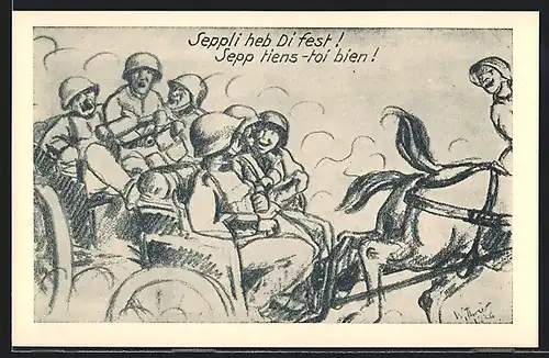 AK Soldatenhumor, Seppli heb di fest!..., Kameraden auf Kutsche