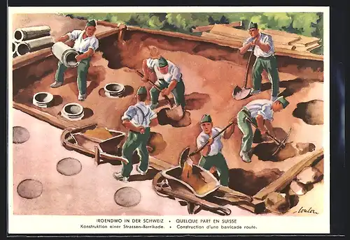 Künstler-AK Irgendwo in der Schweiz, Konstruktion einer Strassen-Barrikade