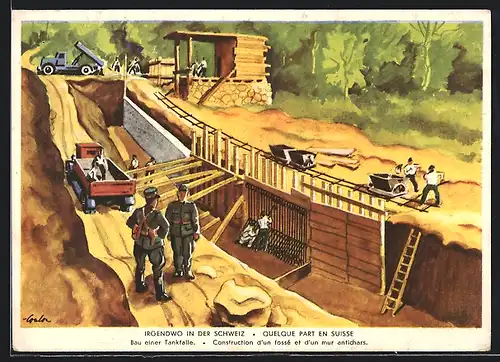 Künstler-AK Irgendwo in der Schweiz, Soldaten beim Bau einer Tankfalle
