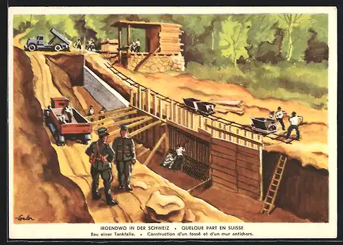 Künstler-AK Irgendwo in der Schweiz, Soldaten beim Bau einer Tankfalle