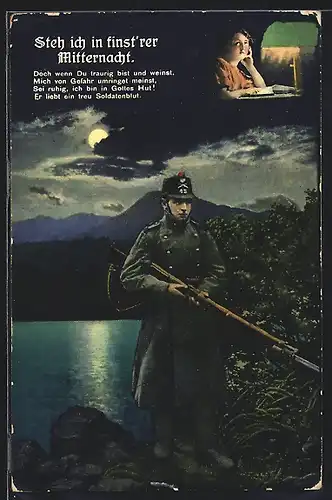 AK Schweizer Soldat mit einem Gewehr steht in der Nacht Wache