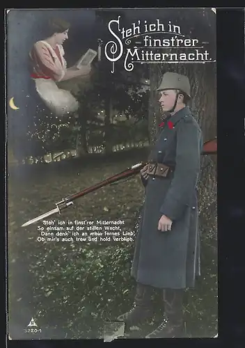 AK Schweizer Soldat in Uniform steht in der Nacht Wache