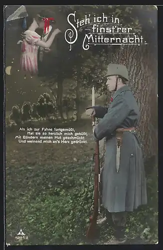 AK Schweizer Soldat steht in der Nacht Wache