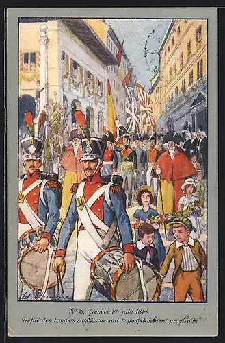 Künstler-AK Genève, Centenaire de la Réunion 1914, Défilé des troupes suisses devant le gouvernement provisoire
