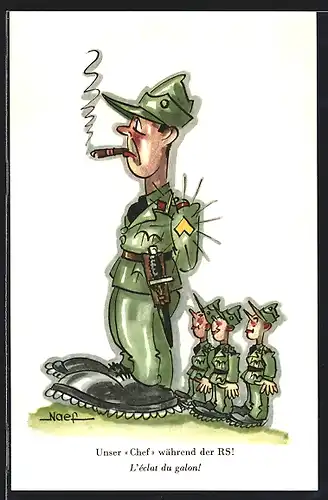 Künstler-AK Rauchender schweizer Befehlshaber, Unser `Chef` während der RS, Karikatur
