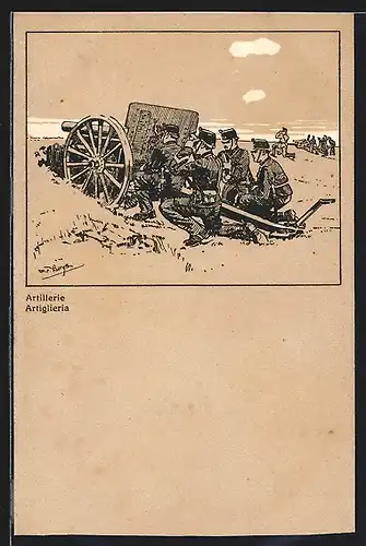 Künstler-AK Schweizer Artillerie-Einheit an einer Kanone, Grenzbesetzung 1914