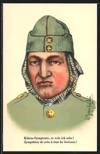 Künstler-AK Frustriert schauender schweizer Soldat, Krisen-Symptome, so weit ich sehe!