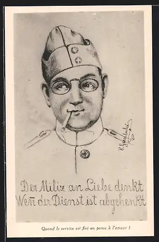 Künstler-AK Verträumter schweizer Soldat, Der Miliz an Liebe denkt, Wenn der Dienst ist abgehenkt