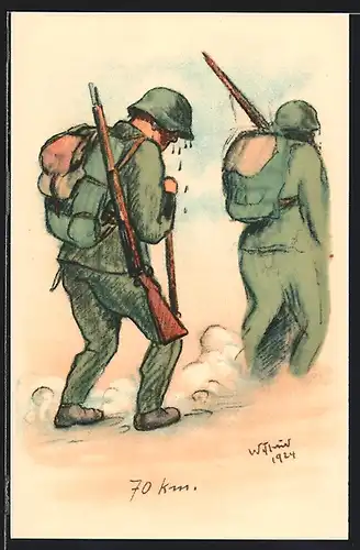 Künstler-AK Schweizer Soldaten schwitzen beim 70km Gewaltmarsch