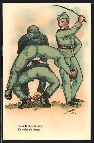 Künstler-AK Schweizer Soldaten bei Schnelligkeitsübungen