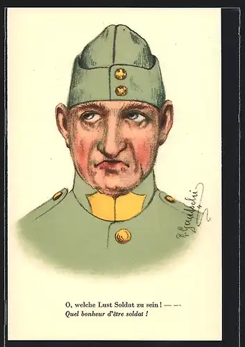 AK Genervter schweizer Soldat, O, welche Lust Soldat zu sein!