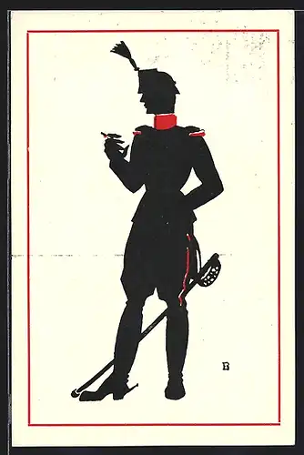 Künstler-AK Shilouette eines schweizer Soldaten, Umschlagzeichung zum Roman Der starke Mann